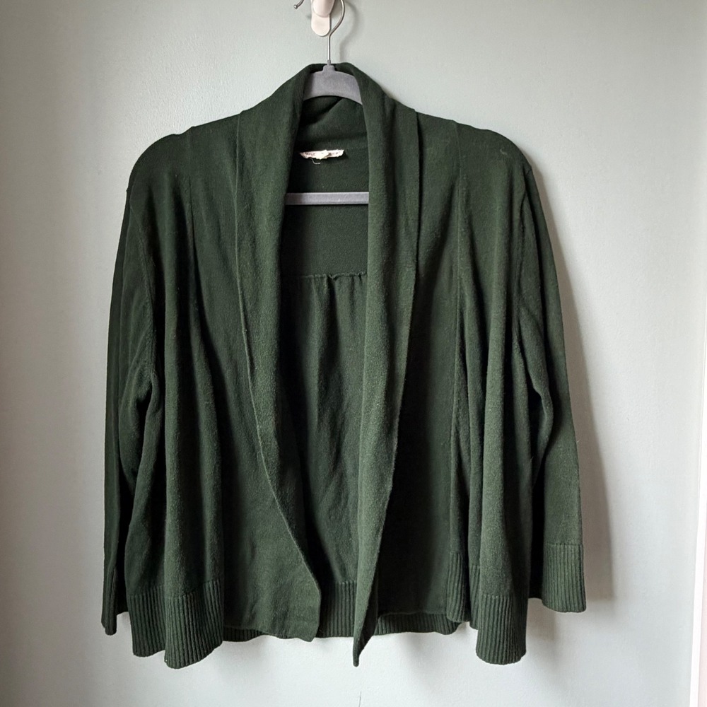 Eileen Fisher Organic Cotton Cardigan Sweater Green Shawl Collar Open Front SZ L